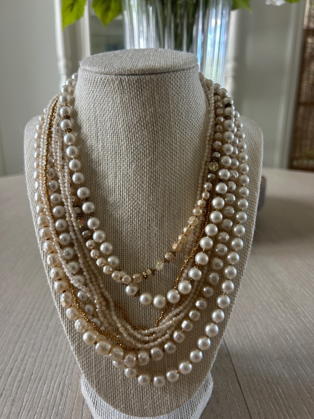 Vintage Multi-Strand Pearl and Gold Tone Necklace -